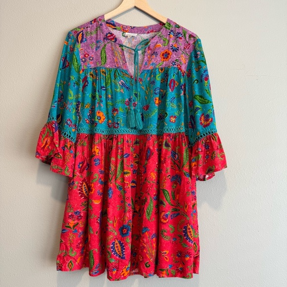Avenue Floral Multicolor Boho Peasant Tiered Tunic Top Colorful 16 - Picture 2 of 9